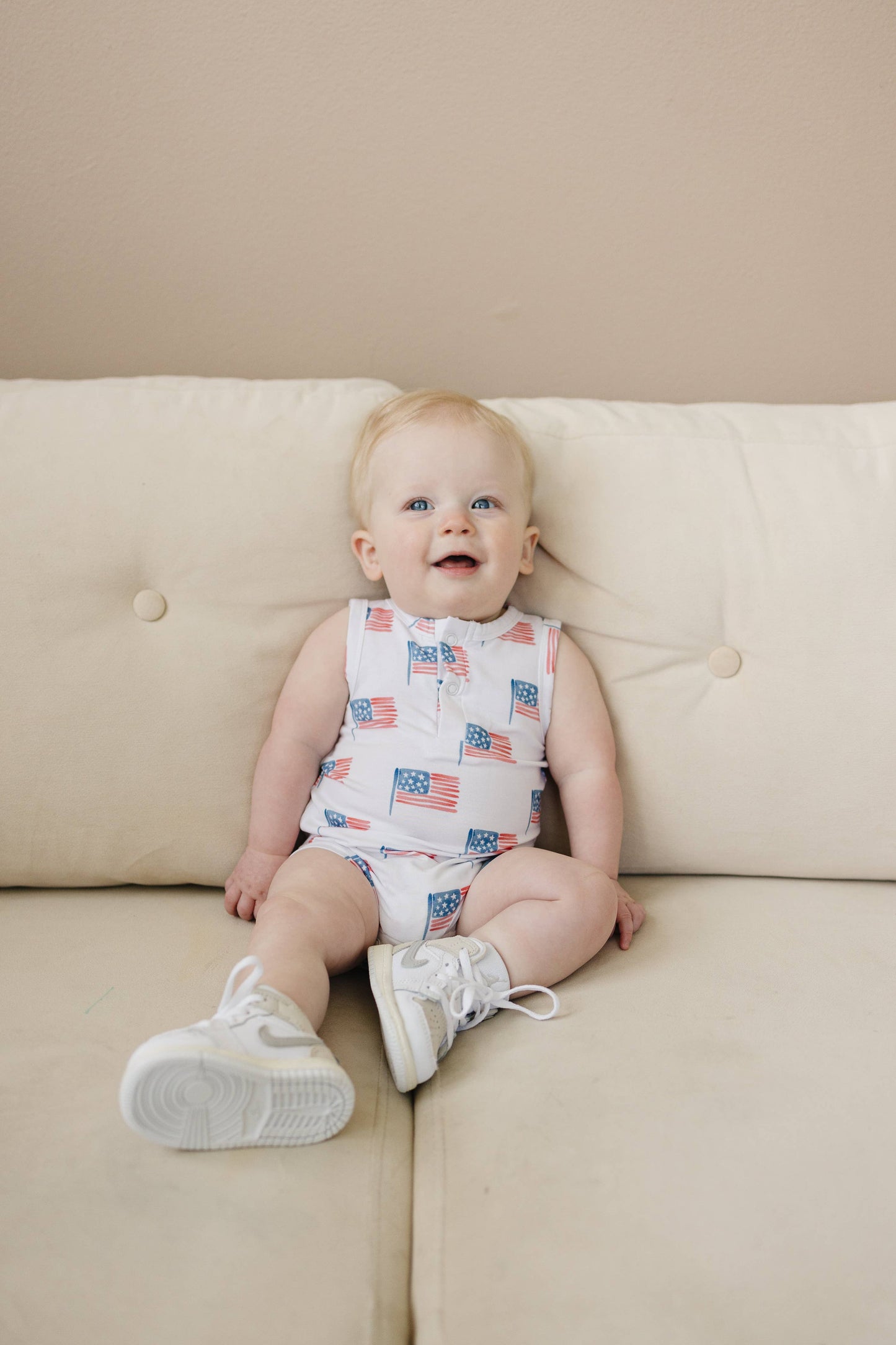 Little Joy Co. - Flag Print Bamboo Baby Romper 4th of July Outfit Sleeveless