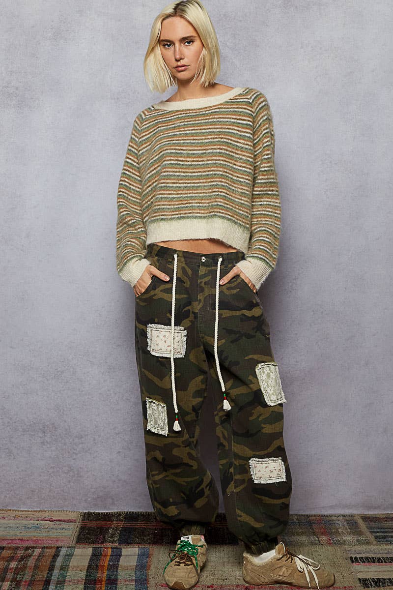 Pol Clothing - Round neck stripe pattern rib band mohair sweater top