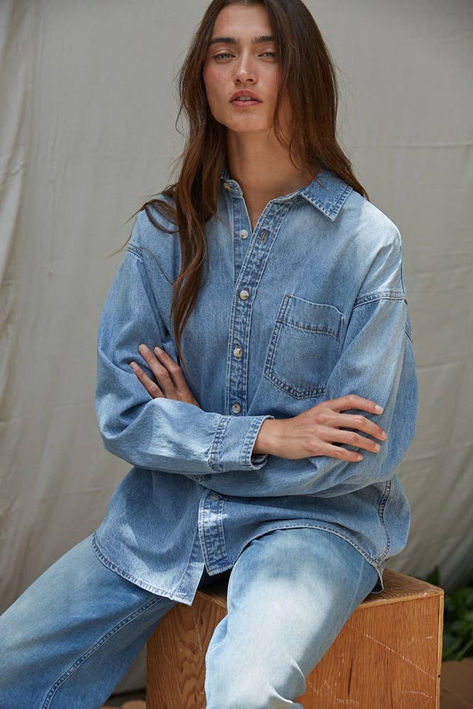 By Together - L9120 | Woven Cotton Denim Button-Down Long Sleeve Shirt