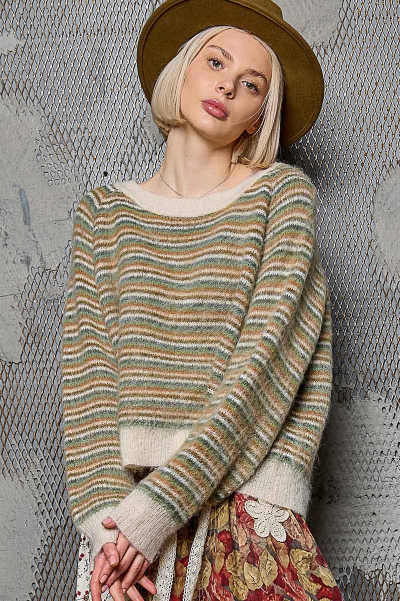 Pol Clothing - Round neck stripe pattern rib band mohair sweater top