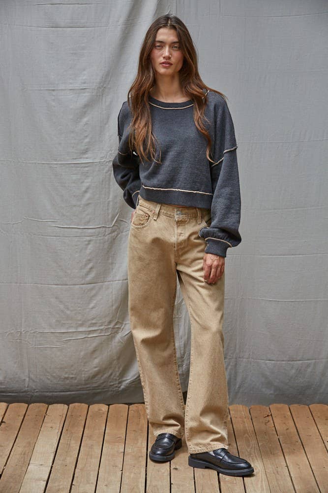 By Together - Knit Sweater Boat Neck Contrast Seam Pullover Top