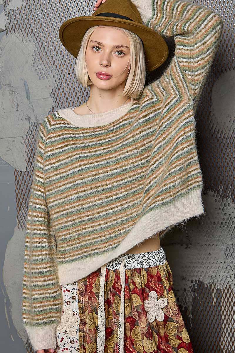 Pol Clothing - Round neck stripe pattern rib band mohair sweater top
