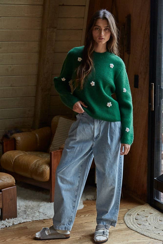 By Together - W2150 | Knit Sweater Ribbed Flower Embroidery Pullover Top
