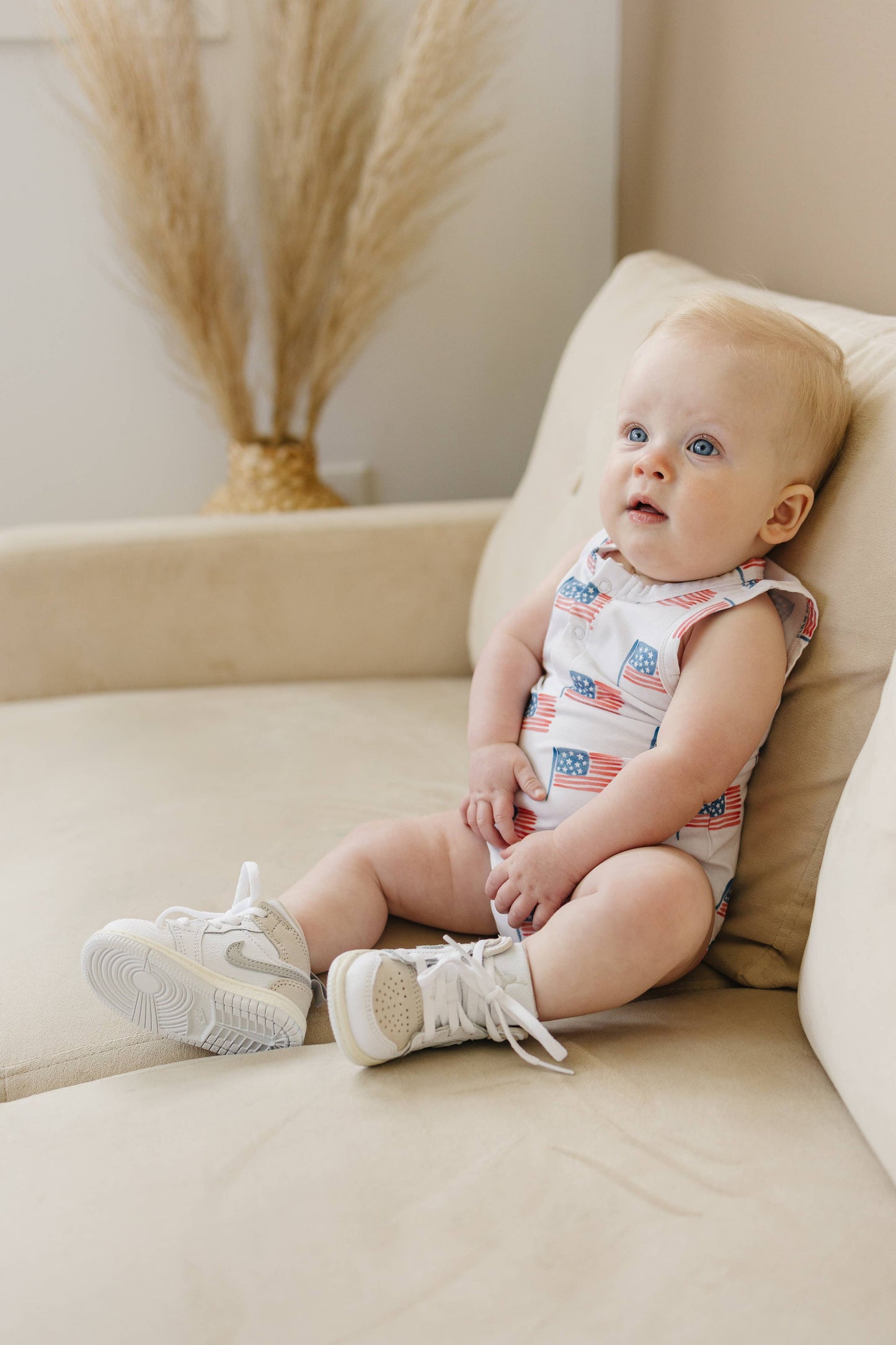 Little Joy Co. - Flag Print Bamboo Baby Romper 4th of July Outfit Sleeveless