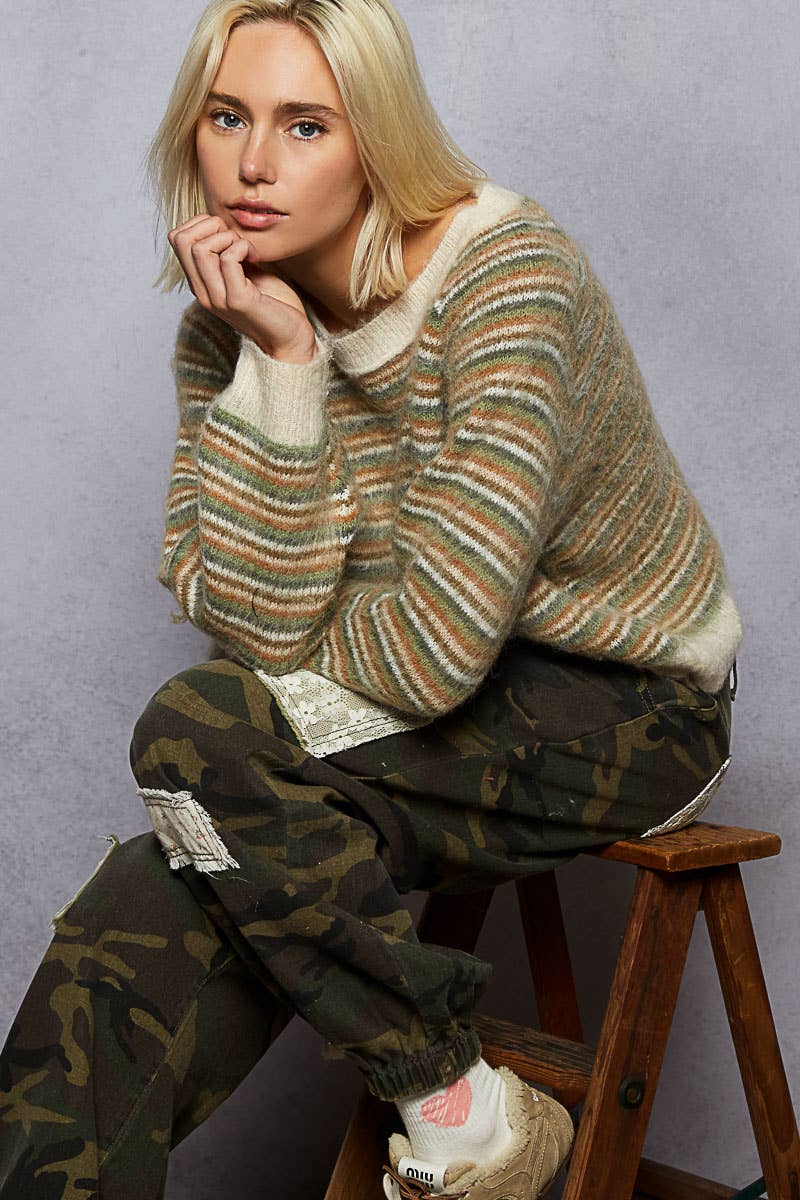 Pol Clothing - Round neck stripe pattern rib band mohair sweater top