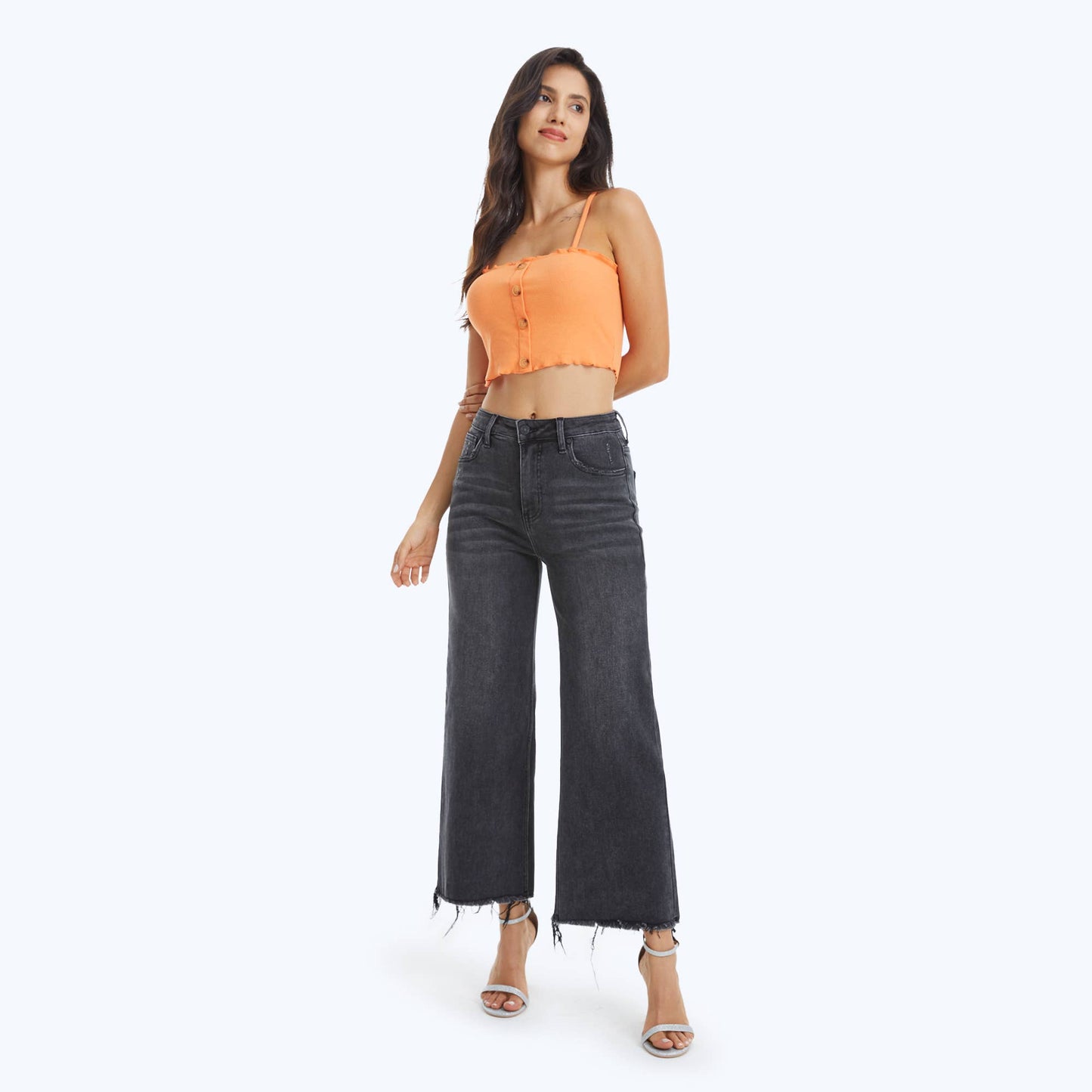 BAYEAS - HIGH RISE WIDE LEG JEANS WITH FRAYED HEM