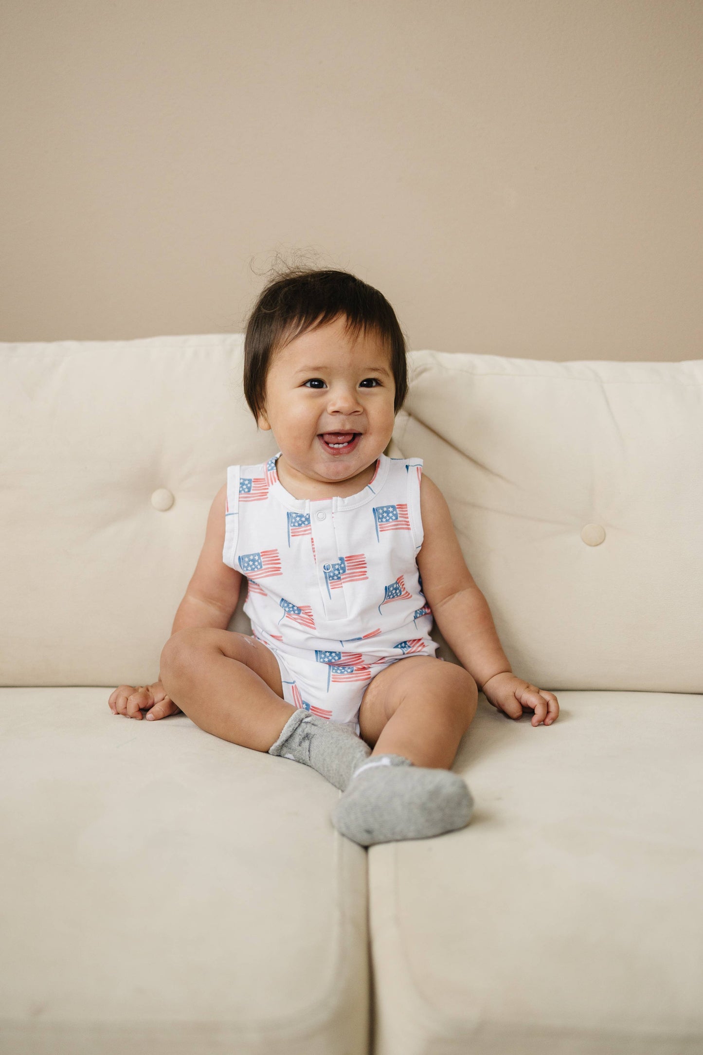 Little Joy Co. - Flag Print Bamboo Baby Romper 4th of July Outfit Sleeveless