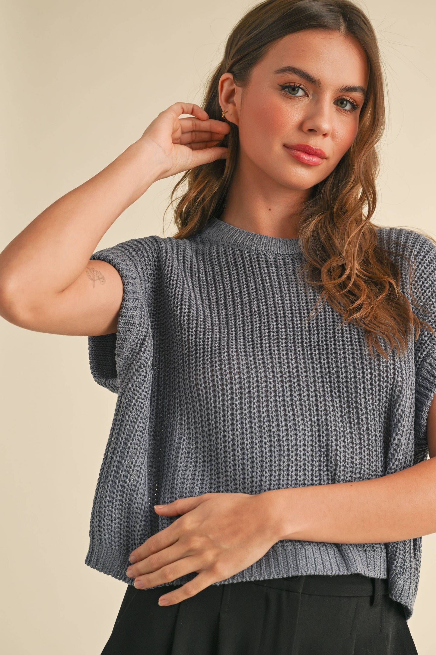 MIOU MUSE - DOLMAN SLEEVE KNITTED TOP - DENIM BLUE