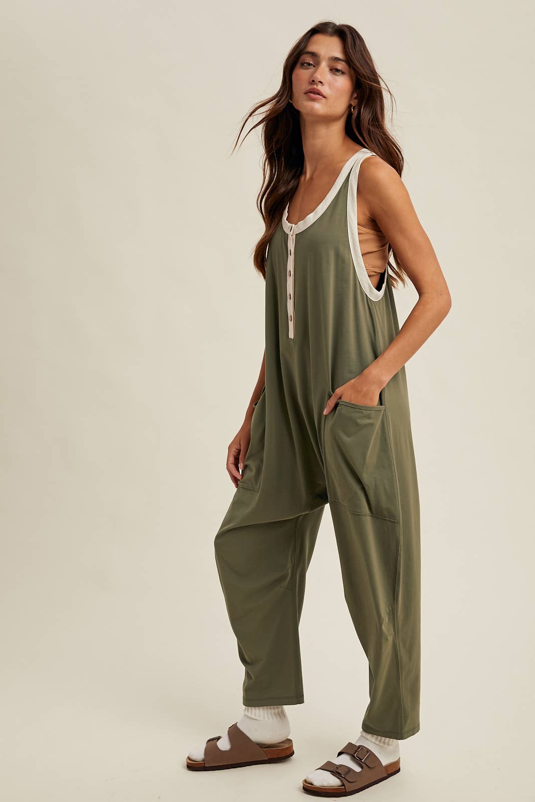 Wishlist Apparel - CONTRAST BUTTON-UP CAMI JUMPSUIT