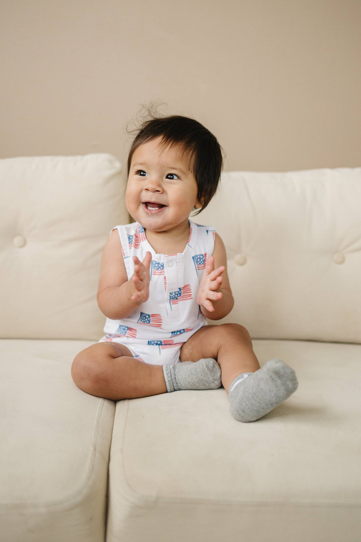Little Joy Co. - Flag Print Bamboo Baby Romper 4th of July Outfit Sleeveless