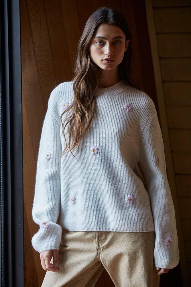 By Together - W2150 | Knit Sweater Ribbed Flower Embroidery Pullover Top