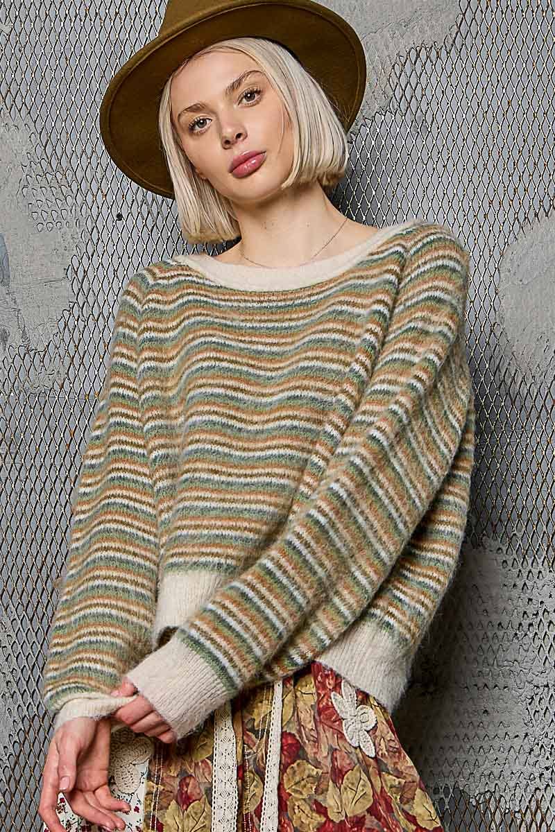 Pol Clothing - Round neck stripe pattern rib band mohair sweater top