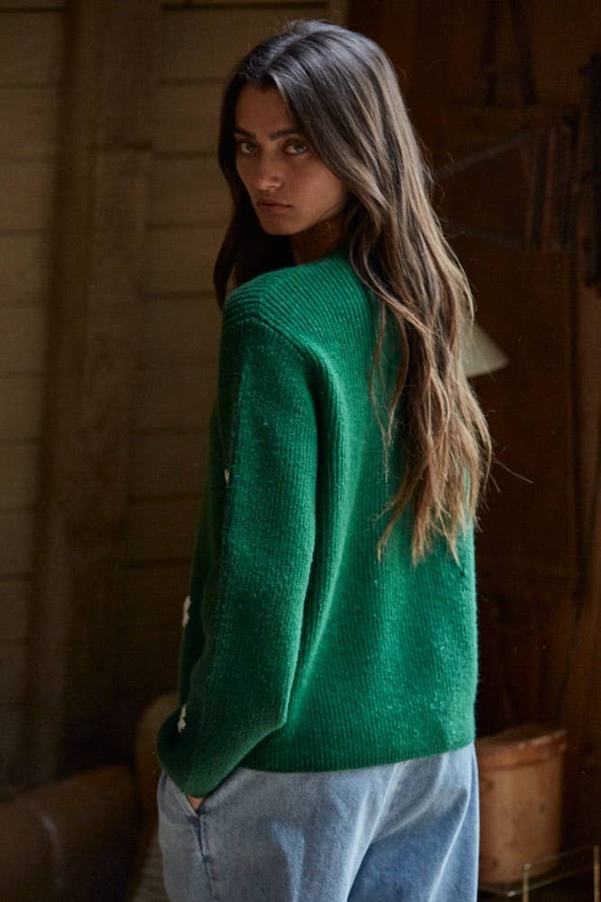 By Together - W2150 | Knit Sweater Ribbed Flower Embroidery Pullover Top