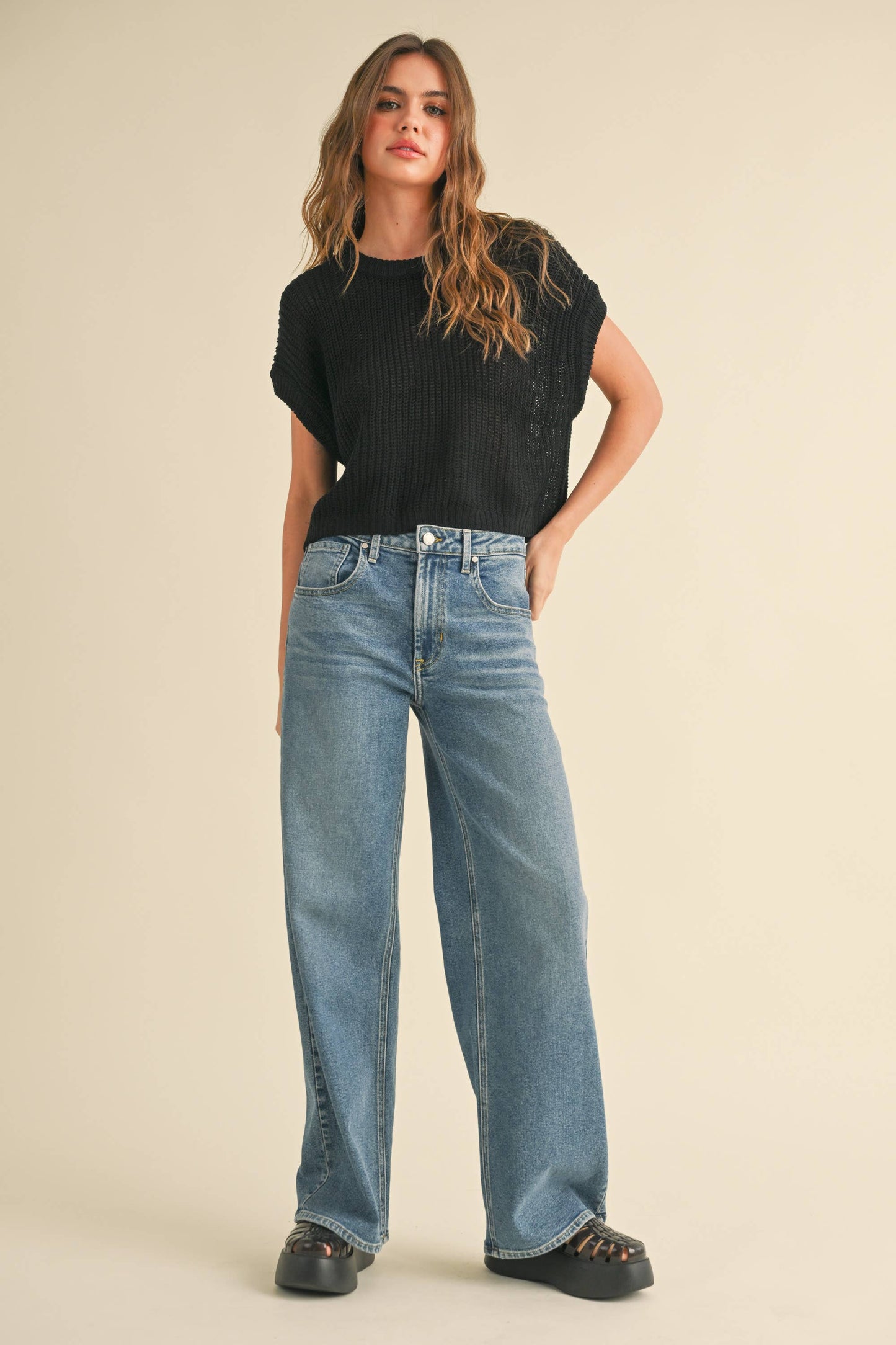 MIOU MUSE - DOLMAN SLEEVE KNITTED TOP - DENIM BLUE