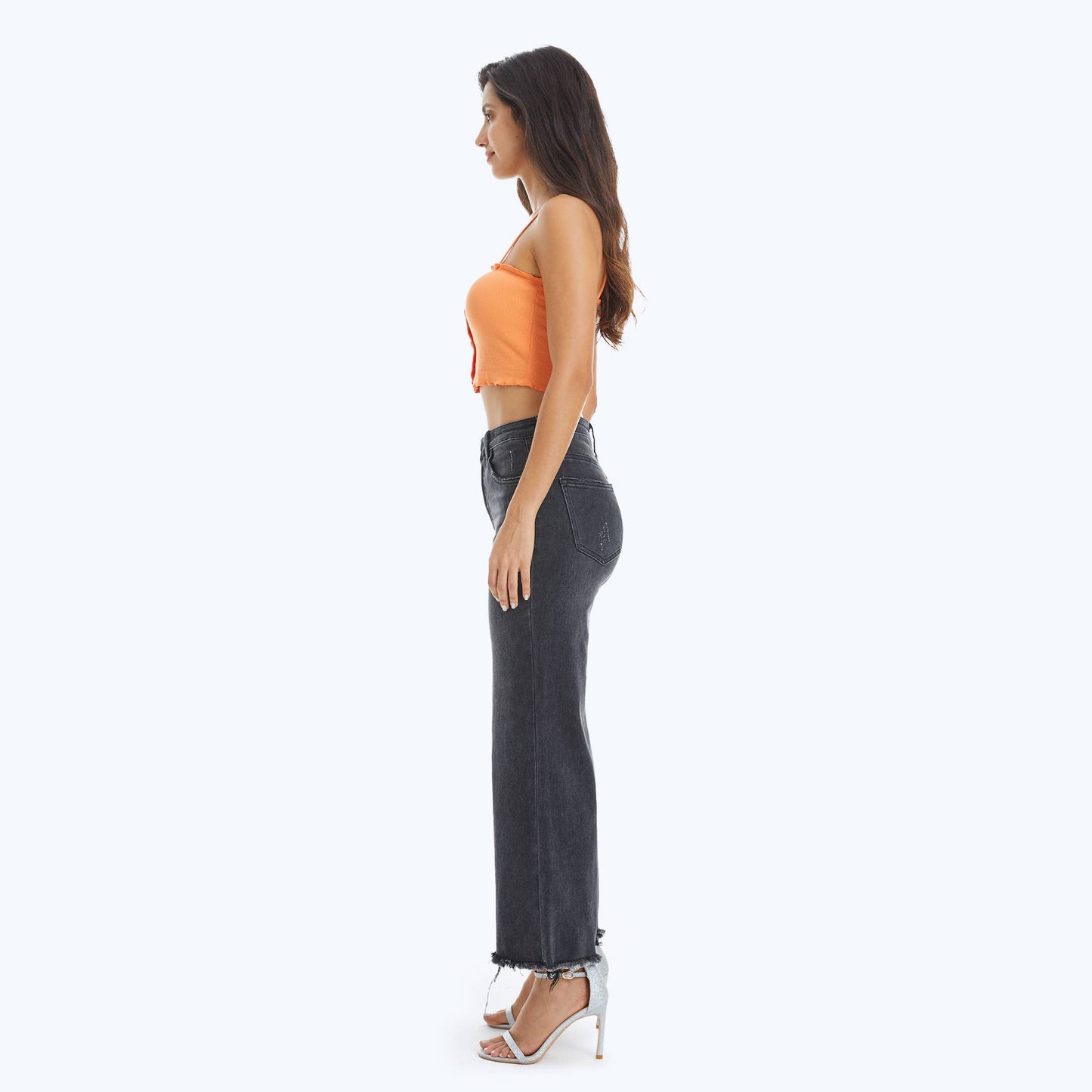 BAYEAS - HIGH RISE WIDE LEG JEANS WITH FRAYED HEM