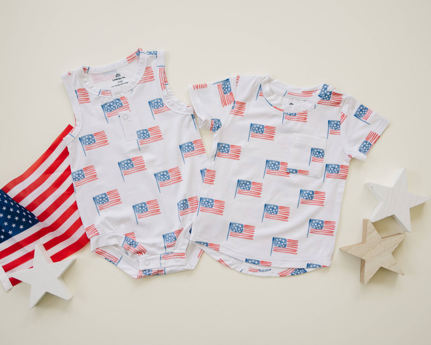 Little Joy Co. - Flag Print Bamboo Baby Romper 4th of July Outfit Sleeveless