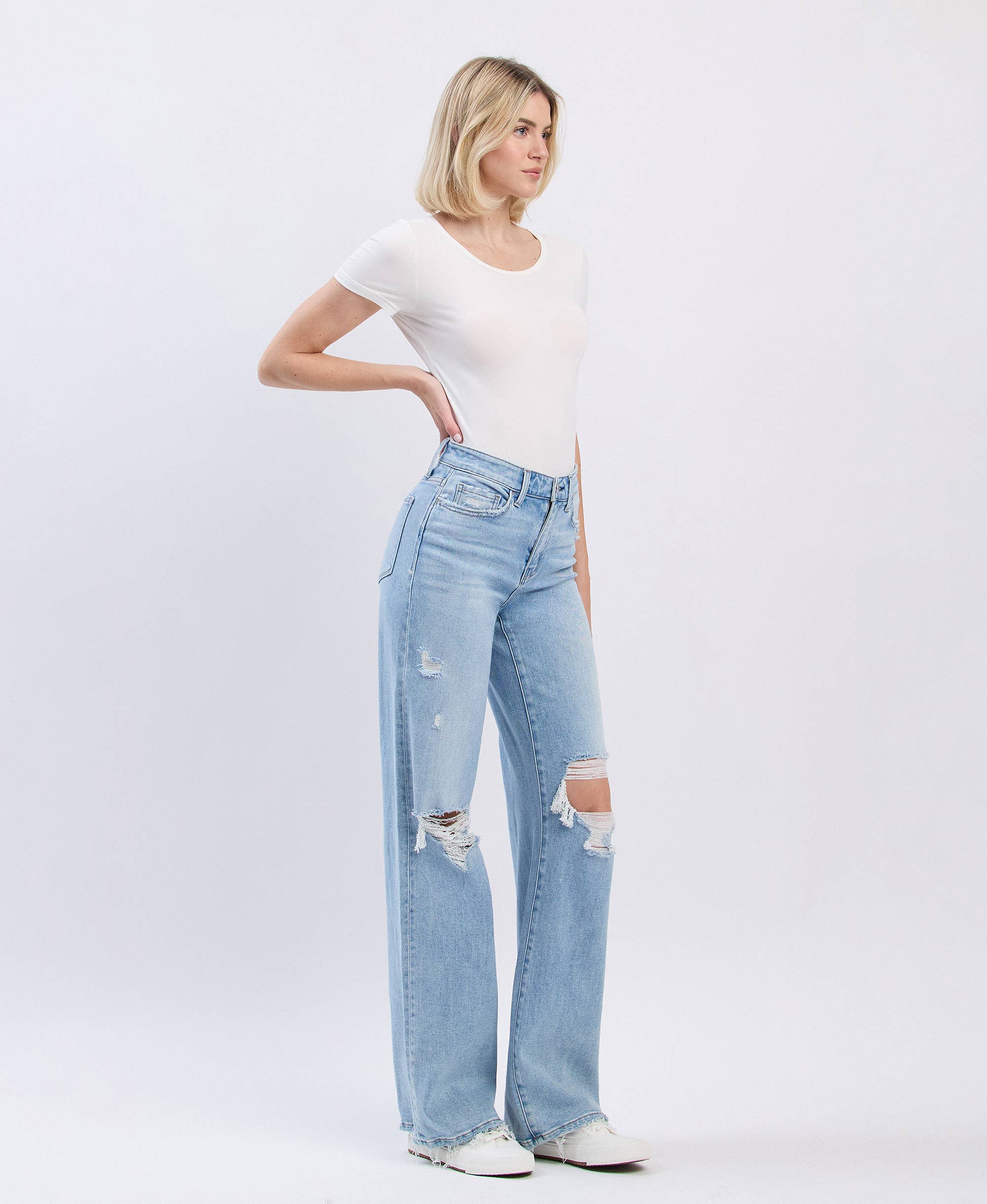 FLYING MONKEY - HIGH RISE DISTRESSED WIDE LEG JEANS