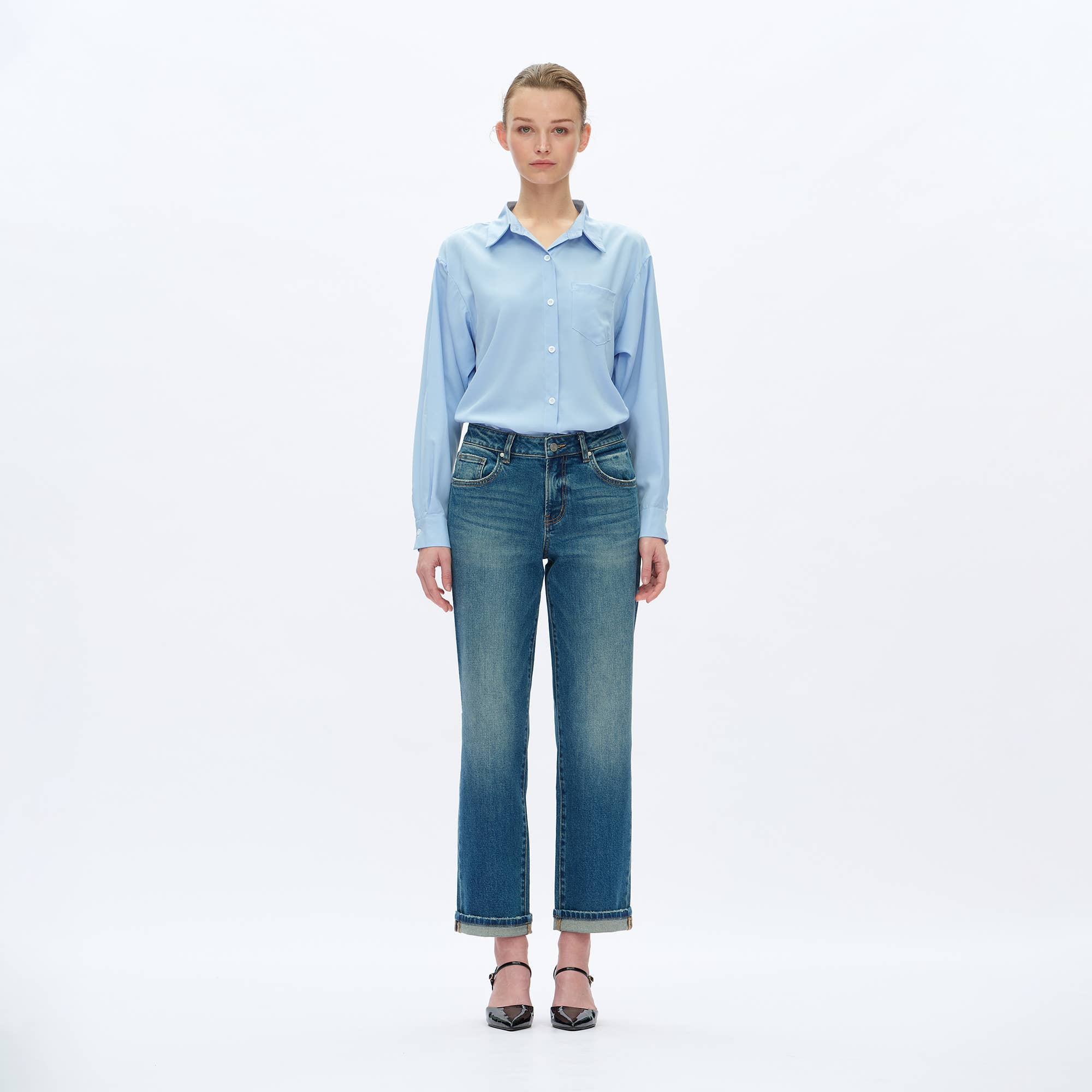 BAYEAS - MID RISE STRAIGHT JEANS WITH FINISHED HEM