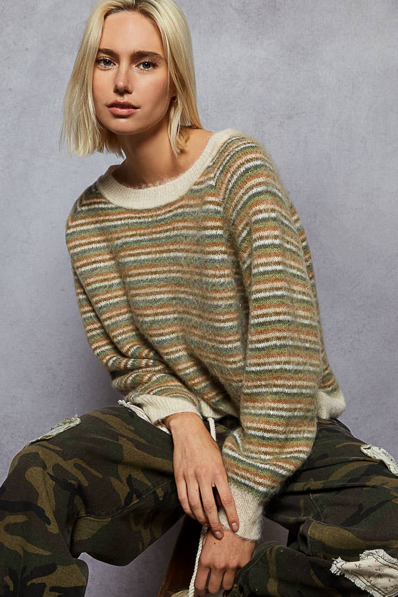Pol Clothing - Round neck stripe pattern rib band mohair sweater top