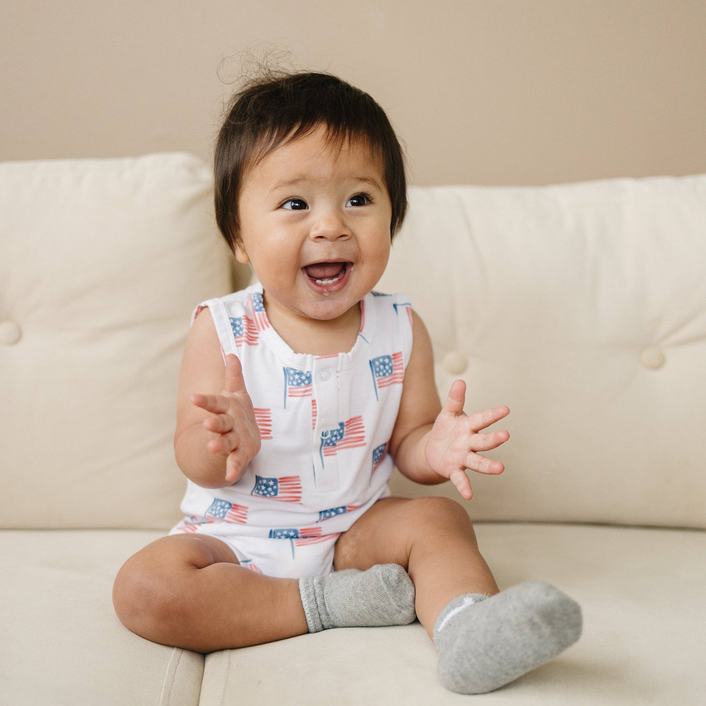 Little Joy Co. - Flag Print Bamboo Baby Romper 4th of July Outfit Sleeveless