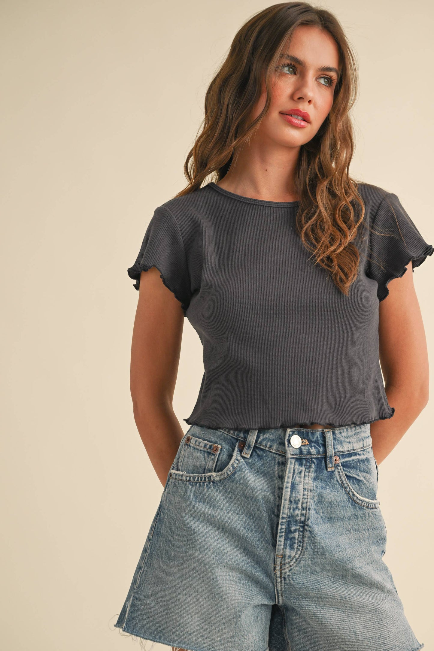 MIOU MUSE - MINI WAFFLE FABRIC SHORT SLEEVE TOP
