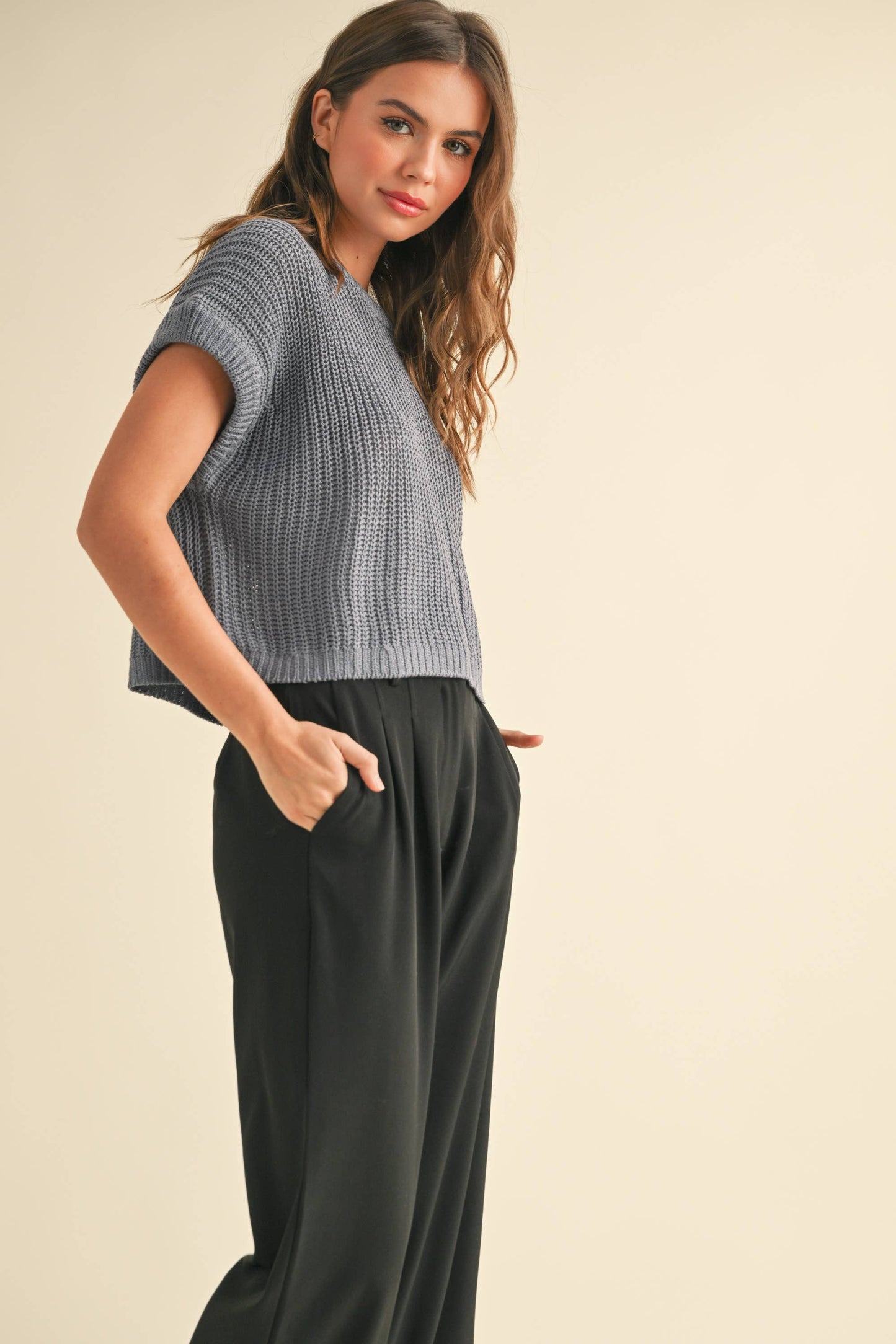 MIOU MUSE - DOLMAN SLEEVE KNITTED TOP - DENIM BLUE
