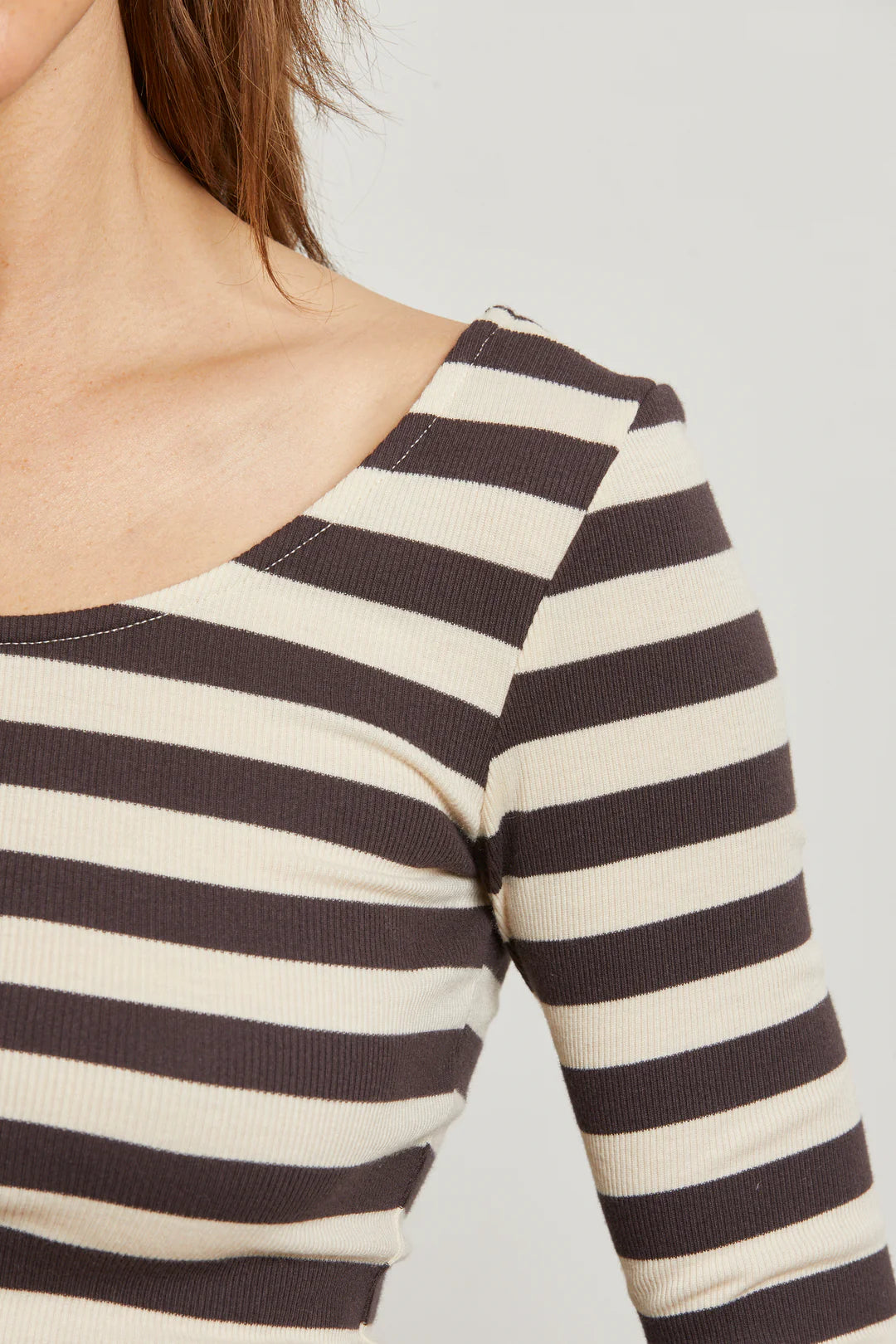 perfectwhitetee anya ribbed scoop neck top - mocha stripe