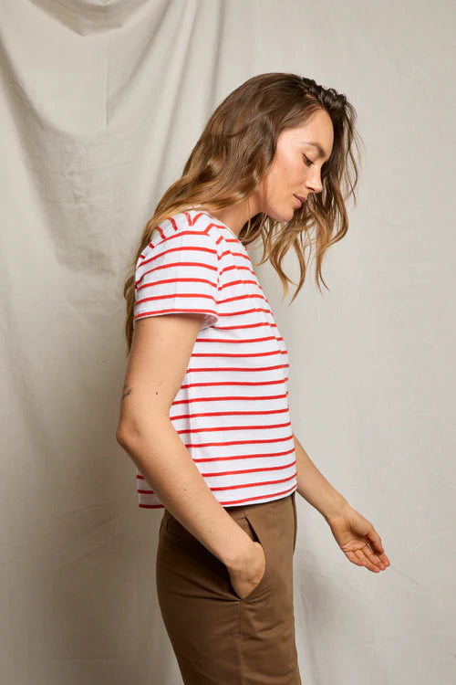 perfectwhitetee everett jersey stripe tee - tomato stripe