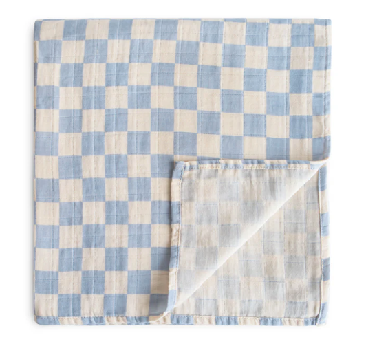 Mushie Extra-Soft Muslin Swaddle - Blue Check