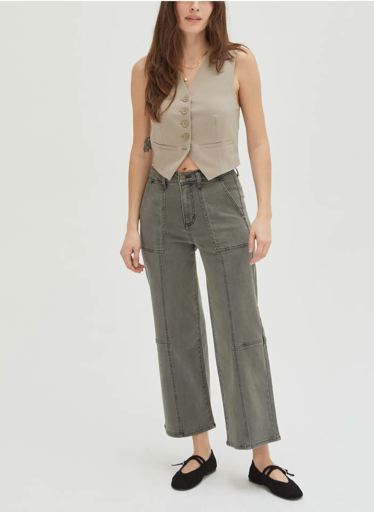 Oliver Logan - Lawson High Rise Relaxed Ankle Crop Jean, Olive Overdye