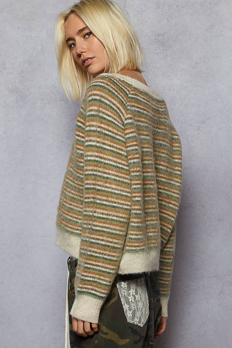 Pol Clothing - Round neck stripe pattern rib band mohair sweater top