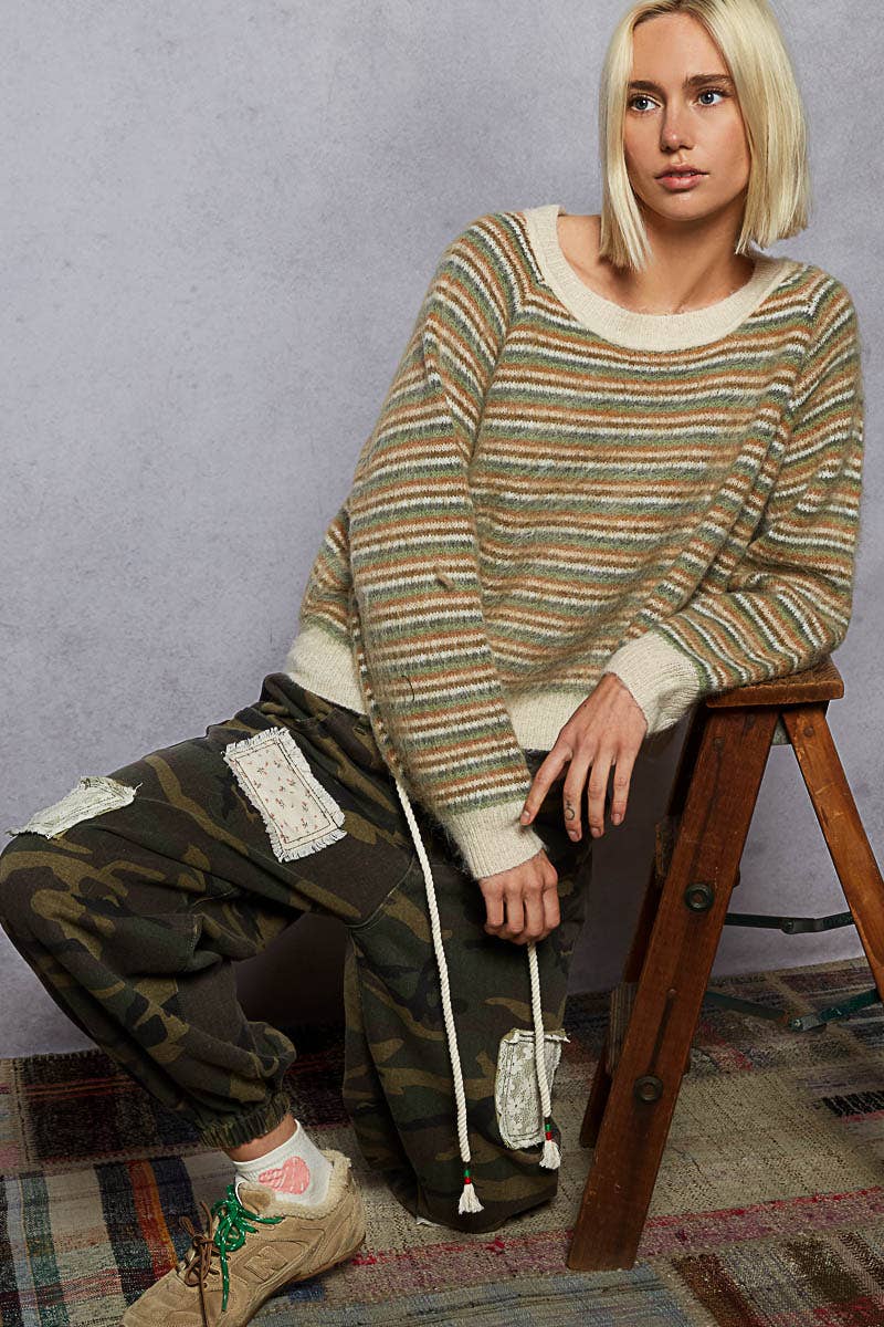 Pol Clothing - Round neck stripe pattern rib band mohair sweater top