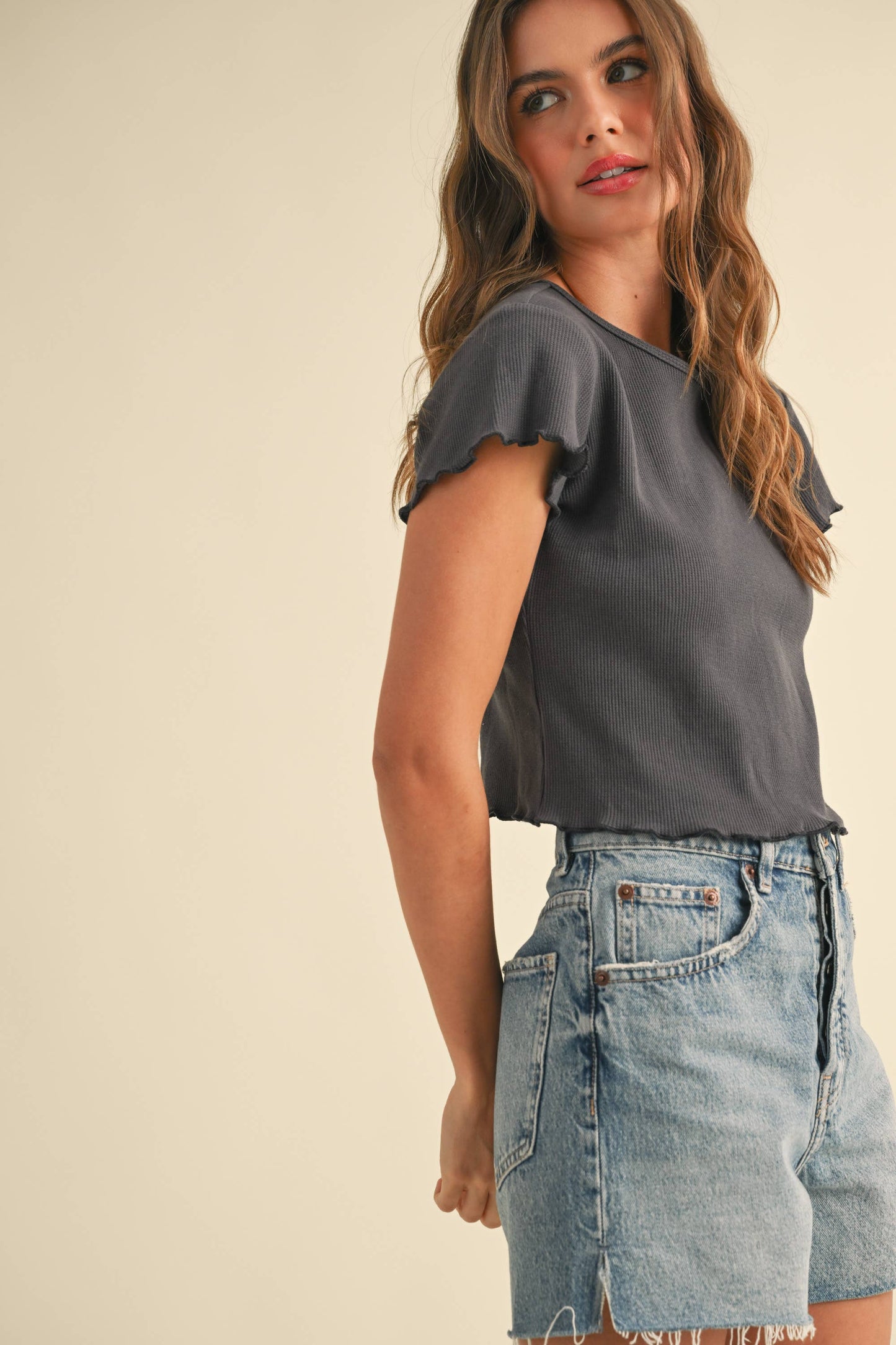 MIOU MUSE - MINI WAFFLE FABRIC SHORT SLEEVE TOP