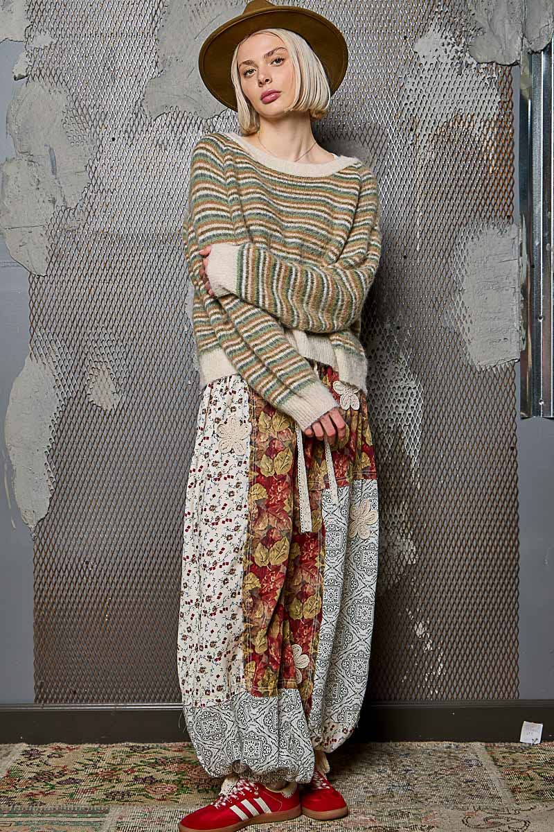 Pol Clothing - Round neck stripe pattern rib band mohair sweater top
