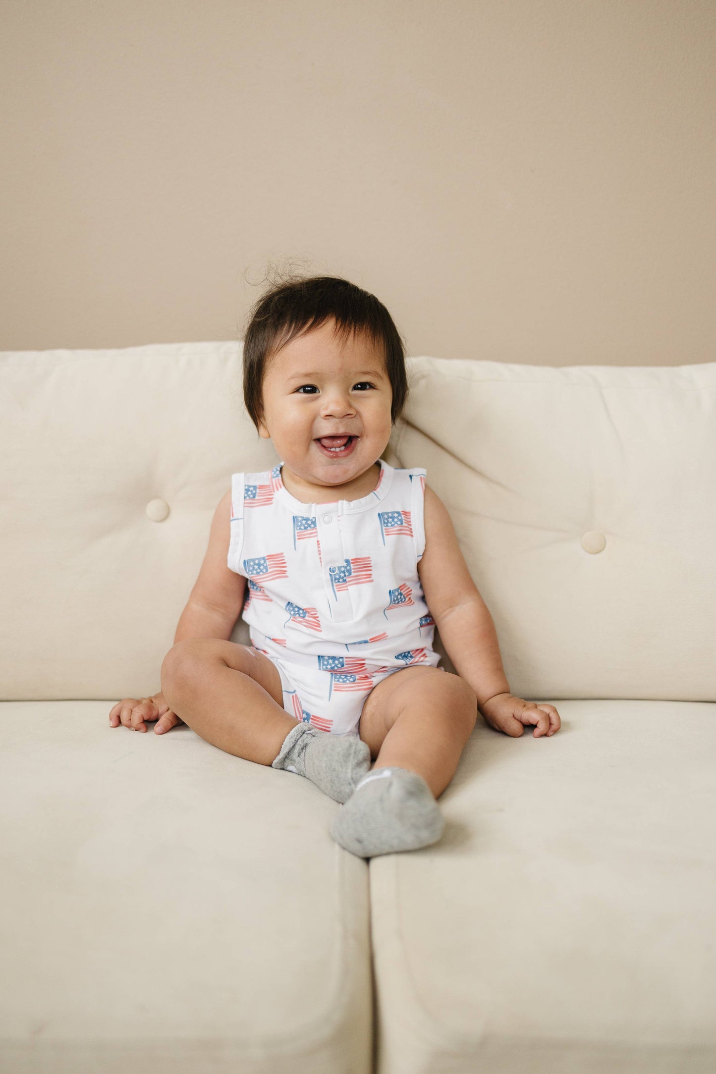Little Joy Co. - Flag Print Bamboo Baby Romper 4th of July Outfit Sleeveless