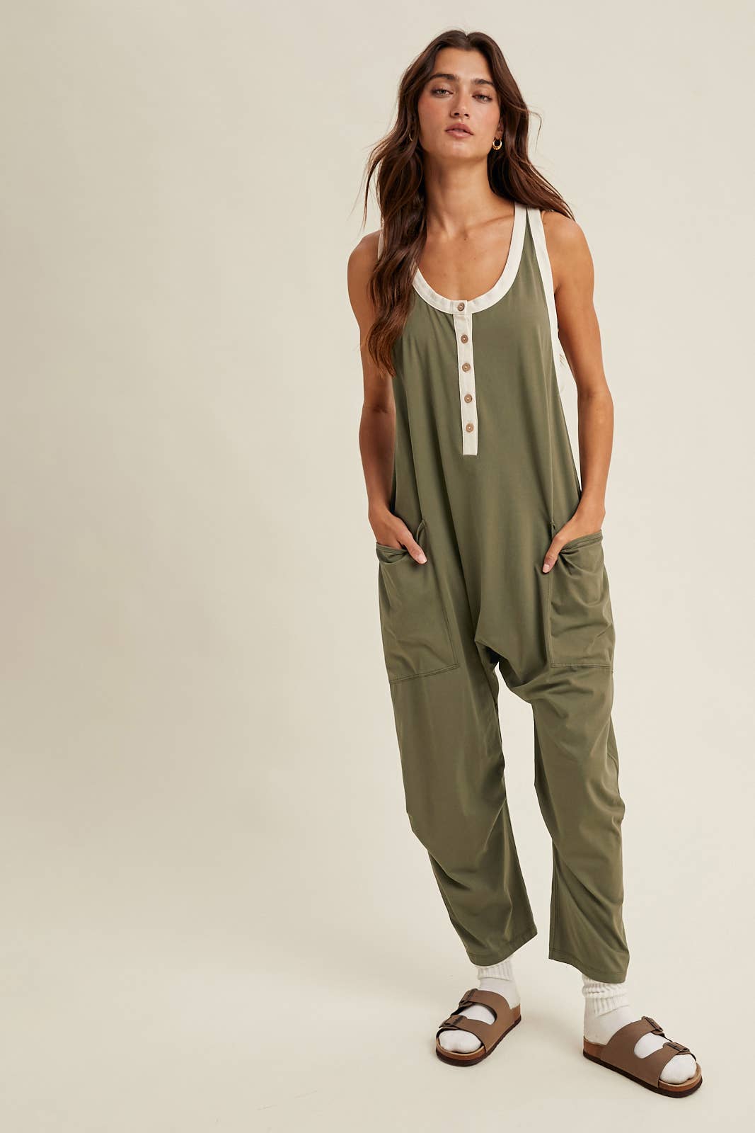 Wishlist Apparel - CONTRAST BUTTON-UP CAMI JUMPSUIT