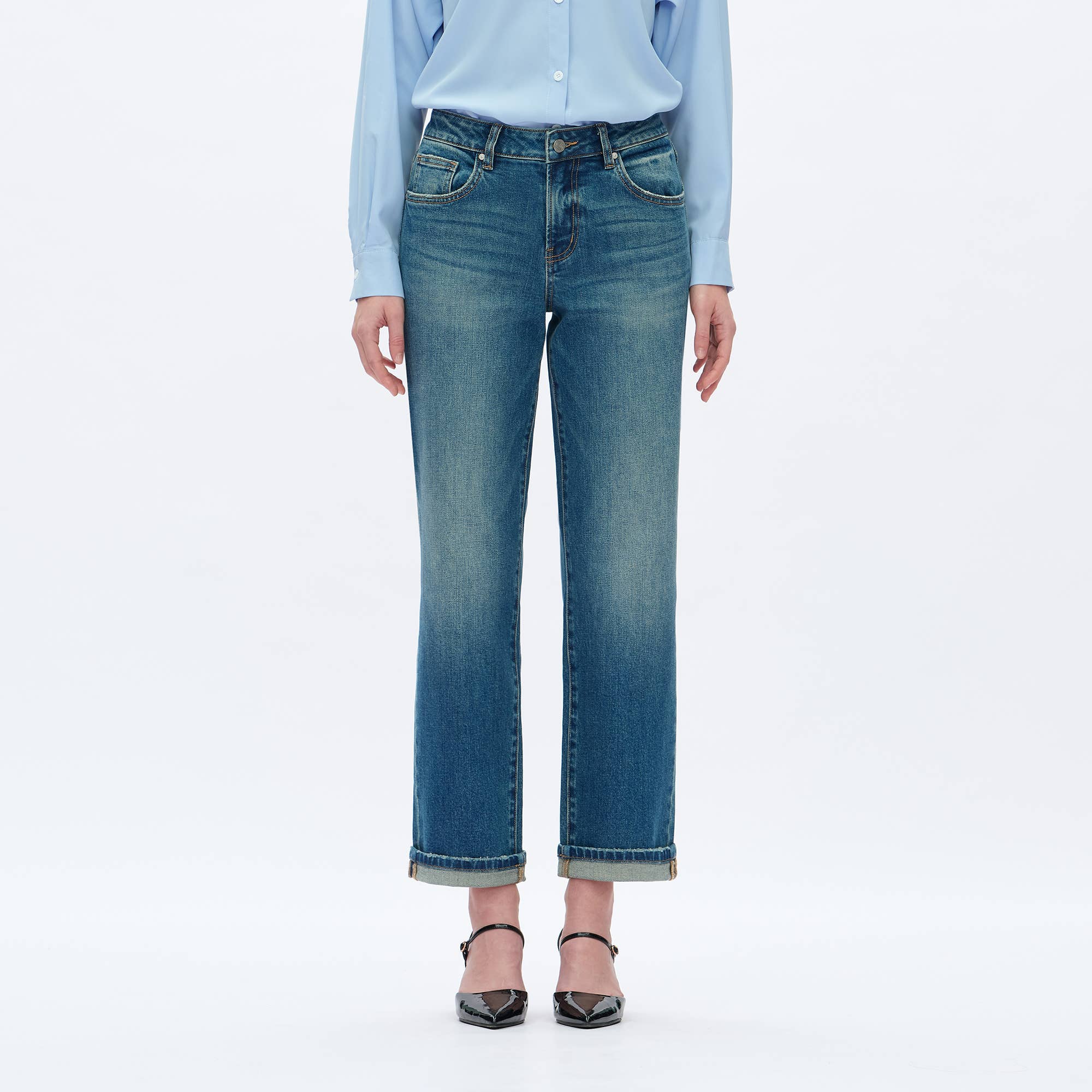 BAYEAS - MID RISE STRAIGHT JEANS WITH FINISHED HEM