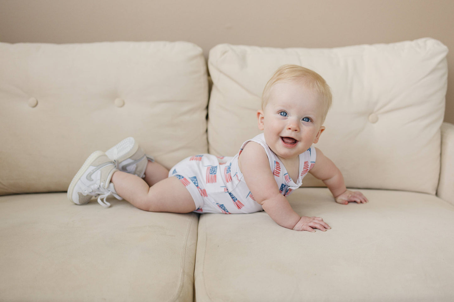 Little Joy Co. - Flag Print Bamboo Baby Romper 4th of July Outfit Sleeveless