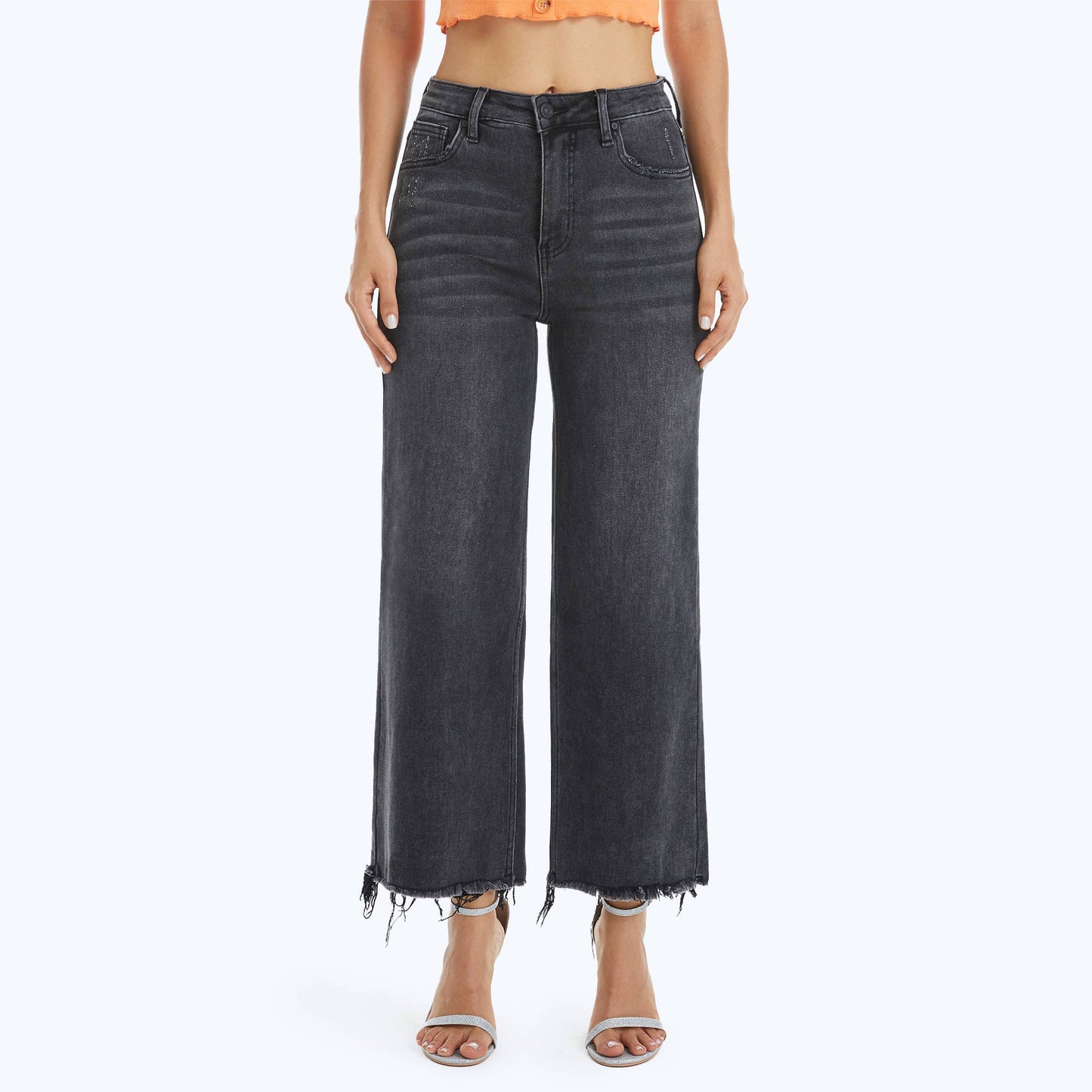 BAYEAS - HIGH RISE WIDE LEG JEANS WITH FRAYED HEM