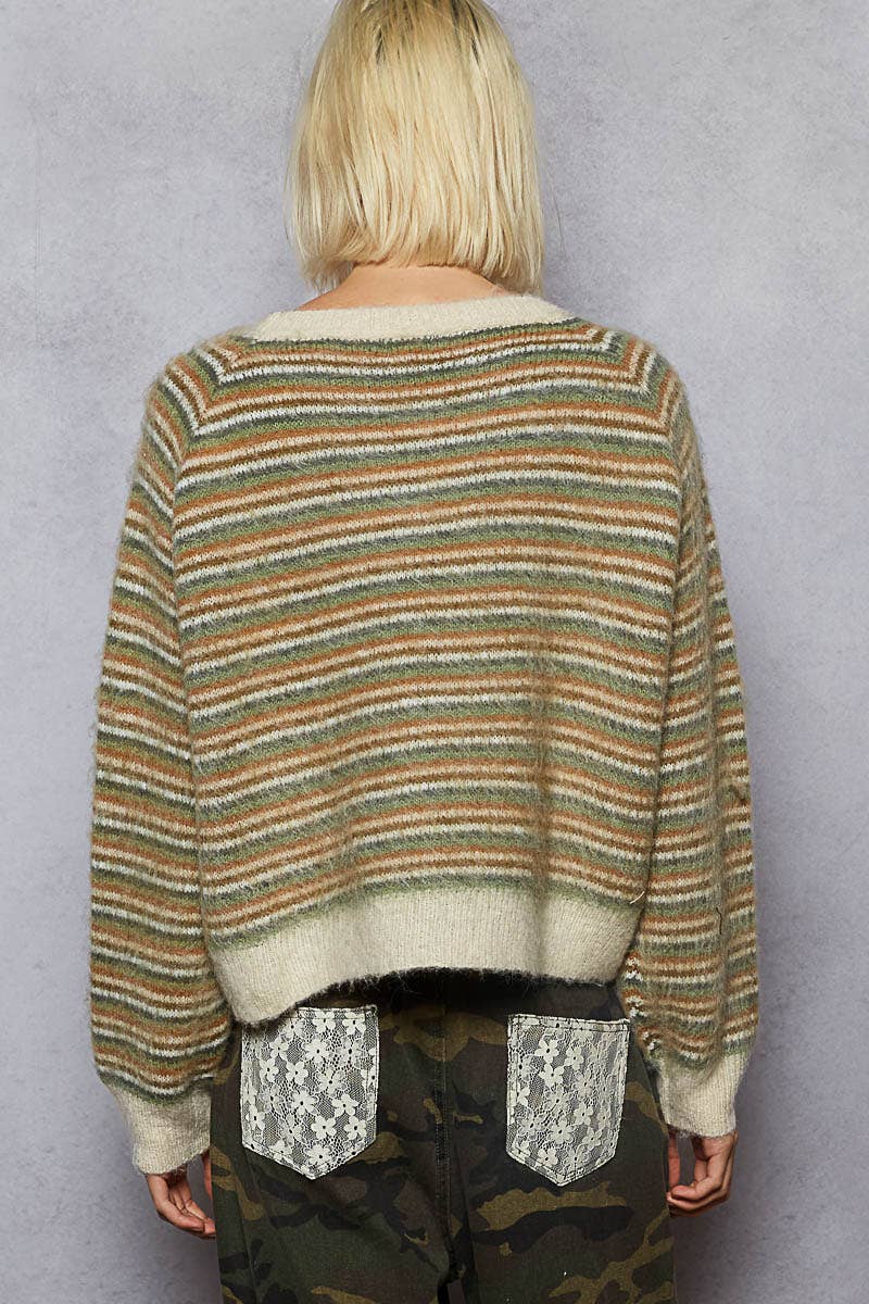 Pol Clothing - Round neck stripe pattern rib band mohair sweater top