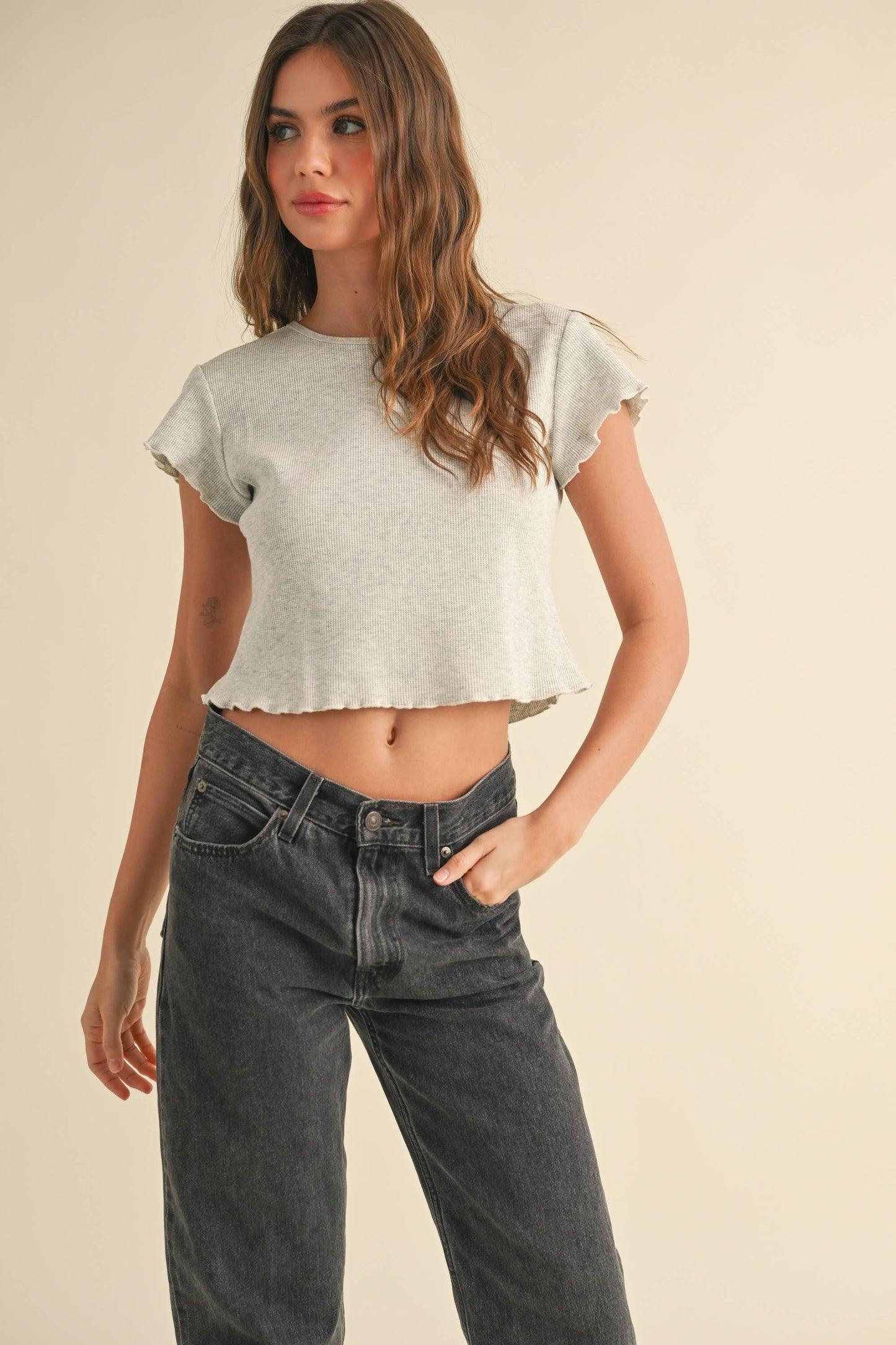 MIOU MUSE - MINI WAFFLE FABRIC SHORT SLEEVE TOP