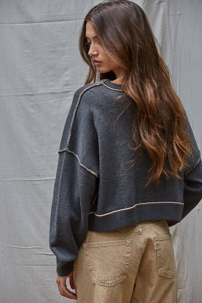 By Together - Knit Sweater Boat Neck Contrast Seam Pullover Top