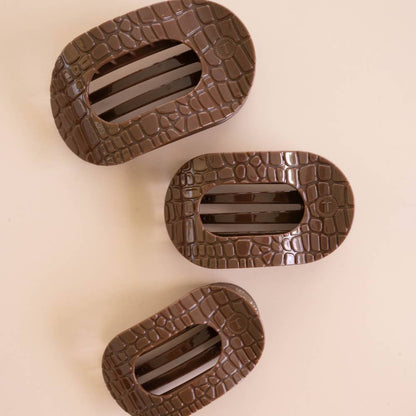 TELETIES - Brown Crocodile Small Flat Round Hair Clip