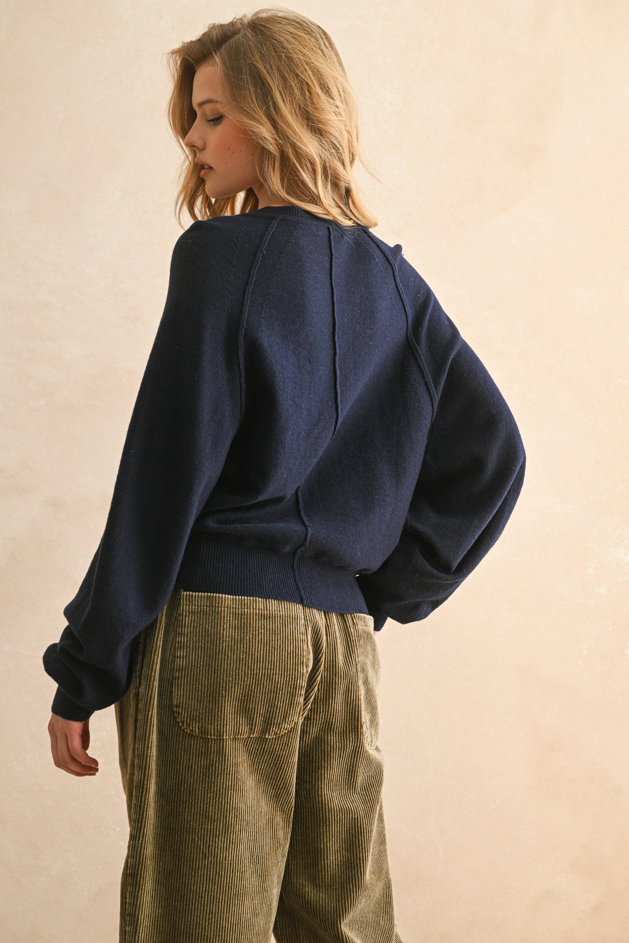MIOU MUSE - HALF BUTTON FRONT LONG SLEEVE SWEATER TOP