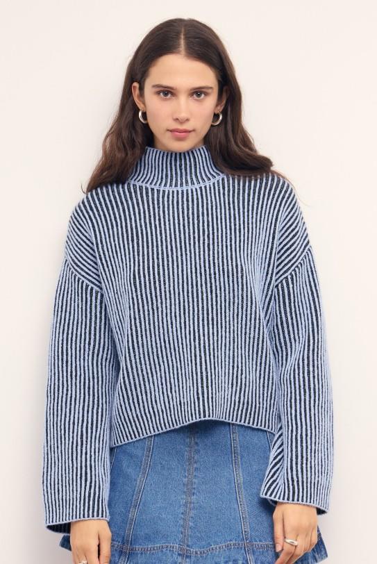 MINKPINK Vera Boxy Knit Sweater Top - Powder Blue / Black