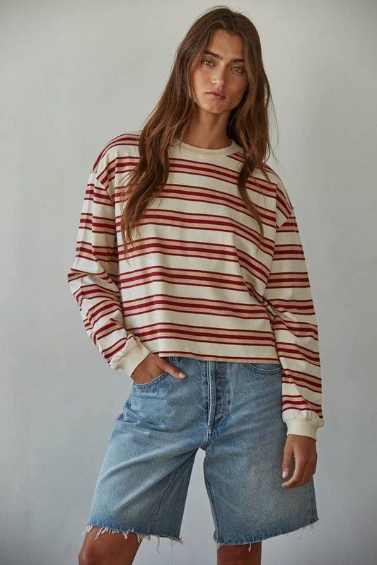 By Together - L8681 | Knit Cotton Multicolor Stripe Crew Neck Long Sleeve