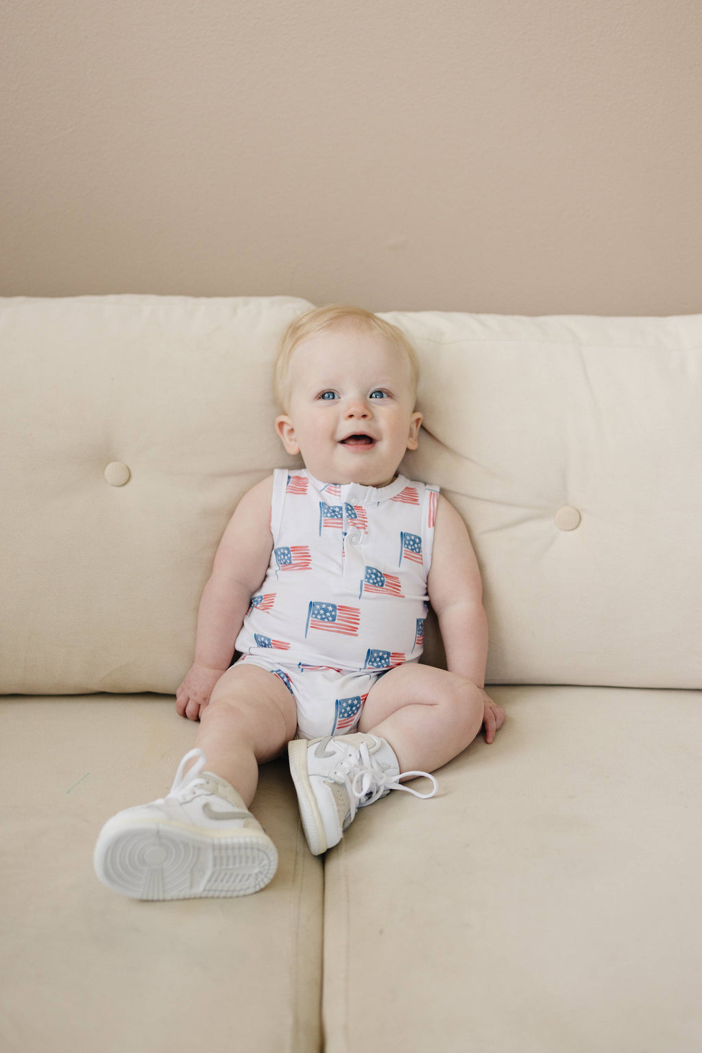 Little Joy Co. - Flag Print Bamboo Baby Romper 4th of July Outfit Sleeveless