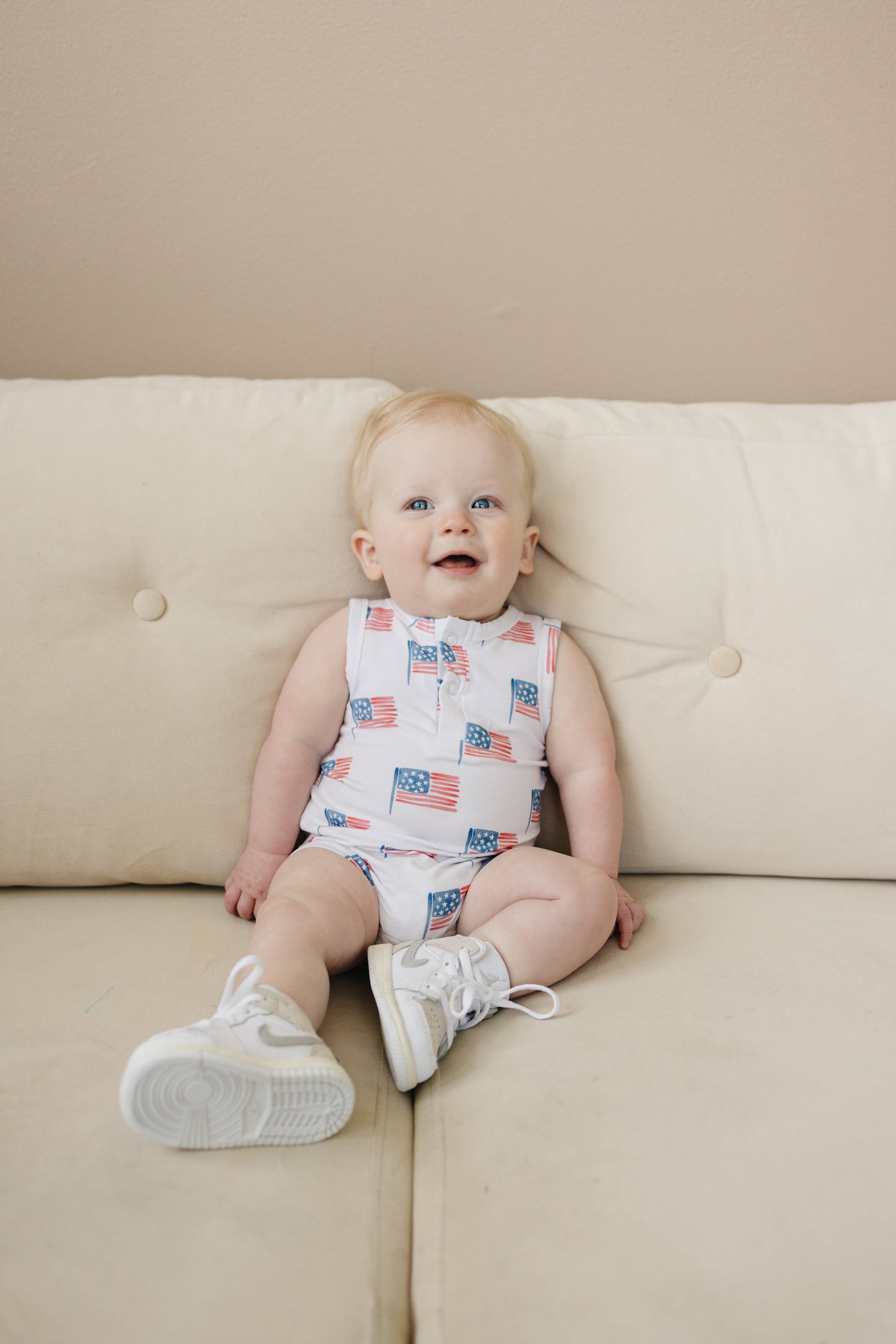 Little Joy Co. - Flag Print Bamboo Baby Romper 4th of July Outfit Sleeveless