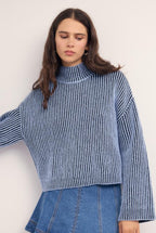 MINKPINK Vera Boxy Knit Sweater Top - Powder Blue / Black