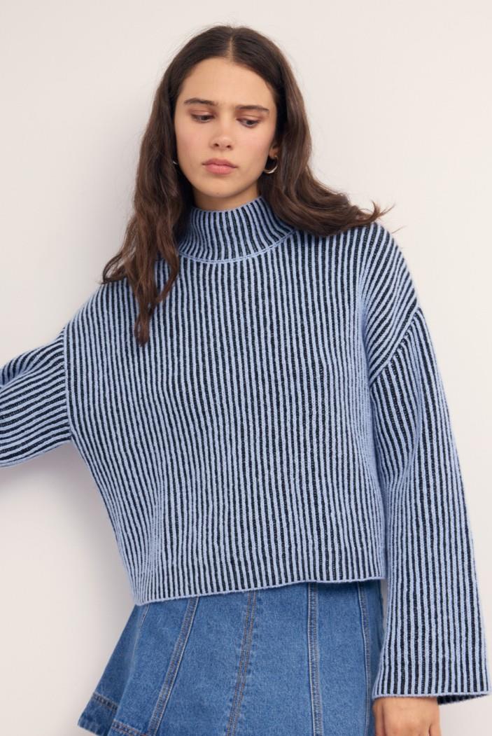 MINKPINK Vera Boxy Knit Sweater Top - Powder Blue / Black
